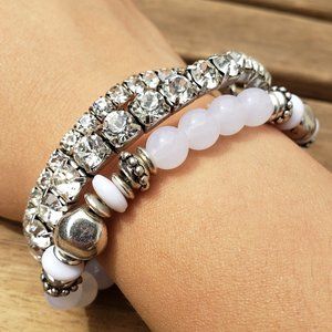 2 Sparkly Rhinestone & 1 Beaded White Bracelet NEW